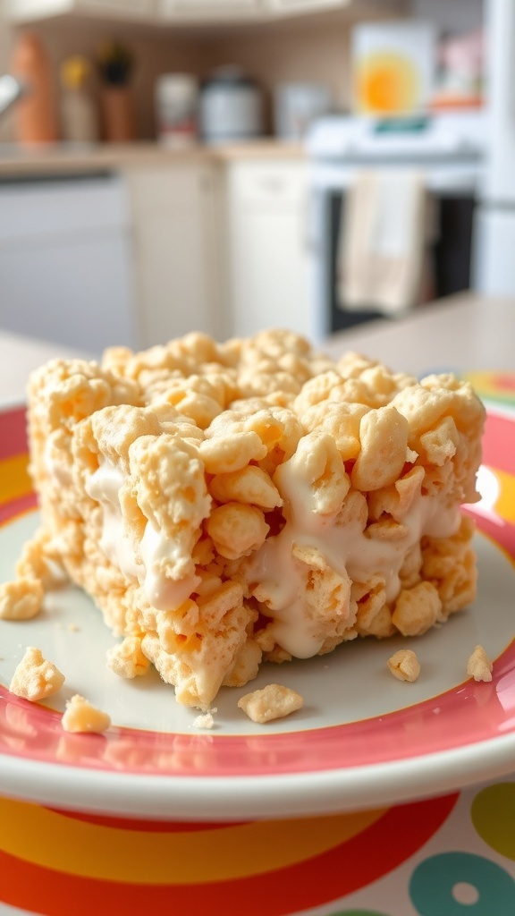 A single square rice crispy treat on a colorful plate, showcasing its golden color and crunchy texture.